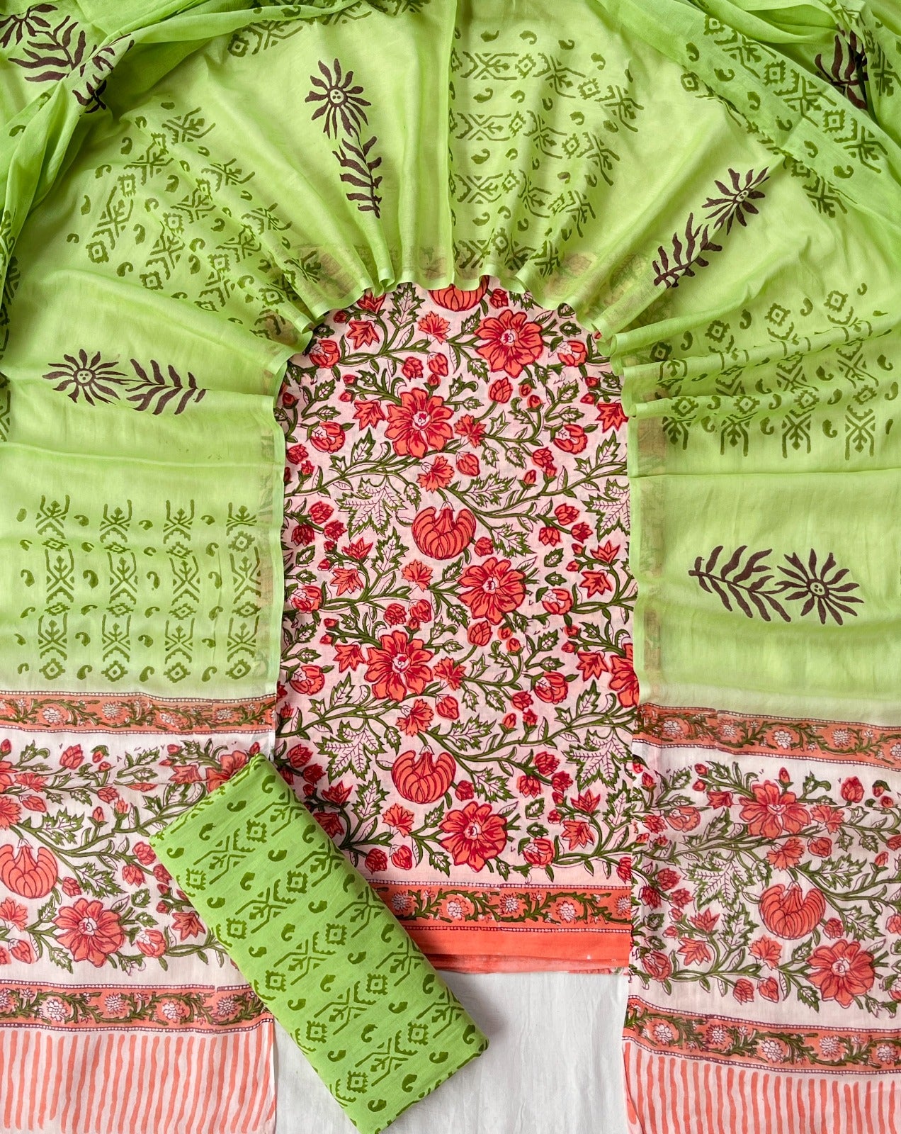 Pure Soft Cotton Hand Block Printed Suit Set With Cotton Dupatta