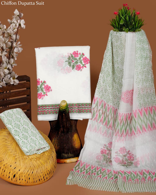 Pure Cotton Hand Block Printed Suit Set With Chiffon Dupatta