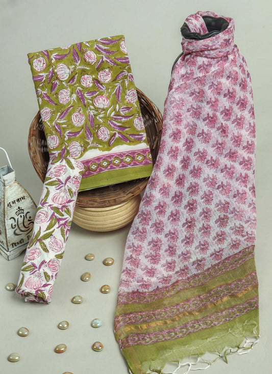 Pure Cotton Hand Block Printed Suit Set With Kota Doria Dupatta