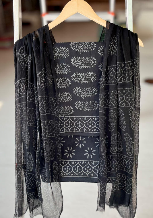 Pure Soft Cotton Hand Block Printed Suit Set With Chiffon Dupatta