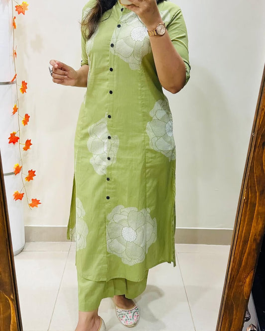 Premium Floral Fine Cotton Printed A-Line Pattern Kurti-Palazzo Set