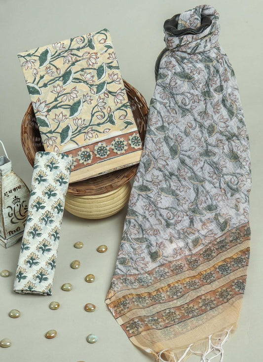 Pure Cotton Hand Block Printed Suit Set With Kota Doria Dupatta