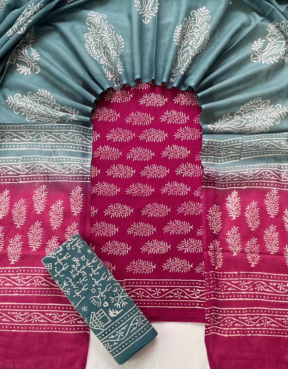 Pure Soft Cotton Hand Block Printed Suit Set With Cotton Dupatta
