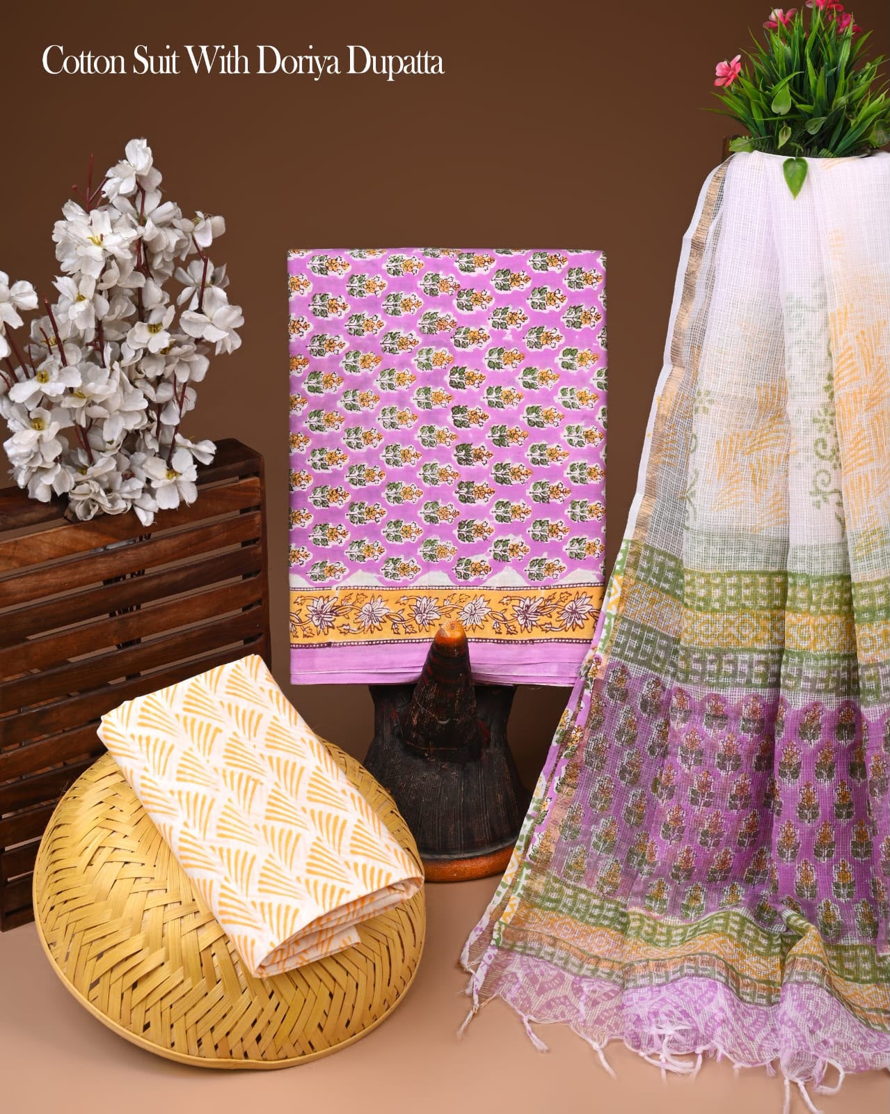 Pure Cotton Hand Block Printed Suit Set With Kota Doria Dupatta