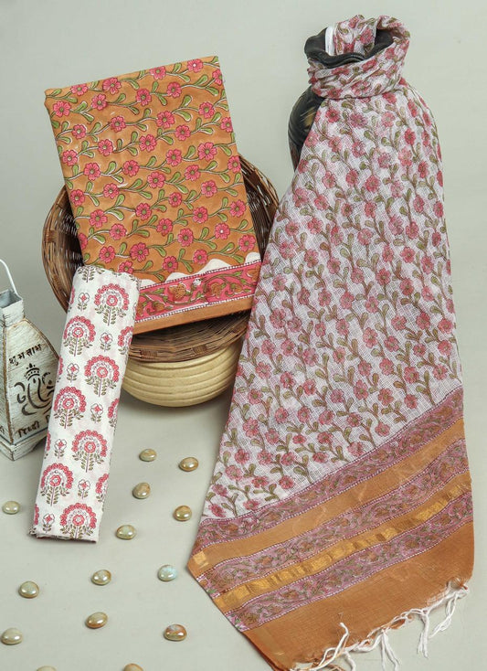 Pure Cotton Hand Block Printed Suit Set With Kota Doria Dupatta