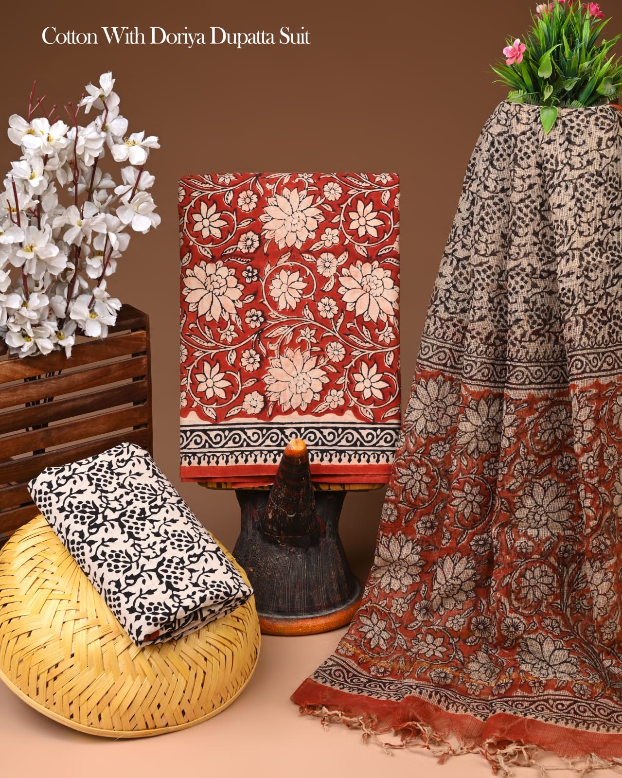 Pure Cotton Hand Block Printed Suit Set With Kota Doria Dupatta