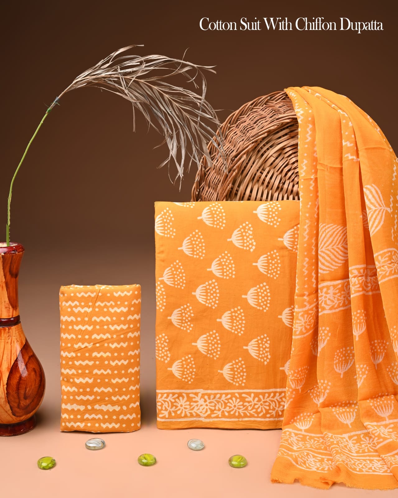 Pure Cotton Hand Block Printed Suit Set With Chiffon Dupatta