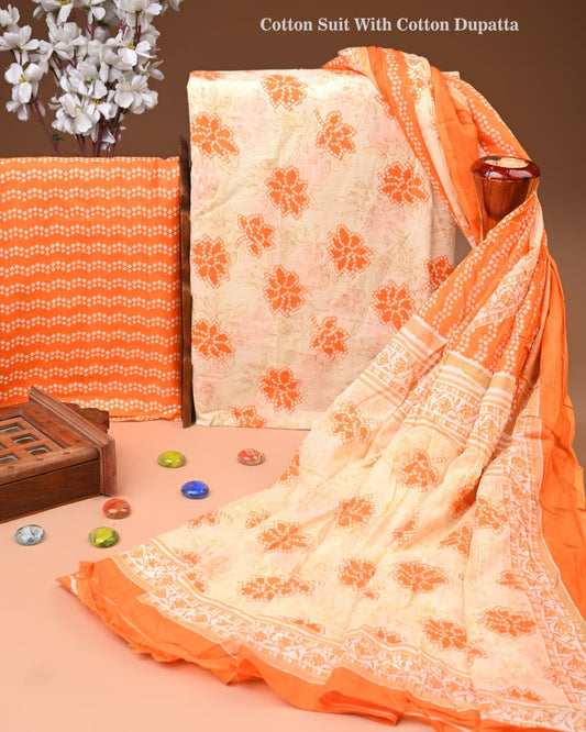 Designer Hand Block Printed Cotton Suit Set With Cotton Dupatta