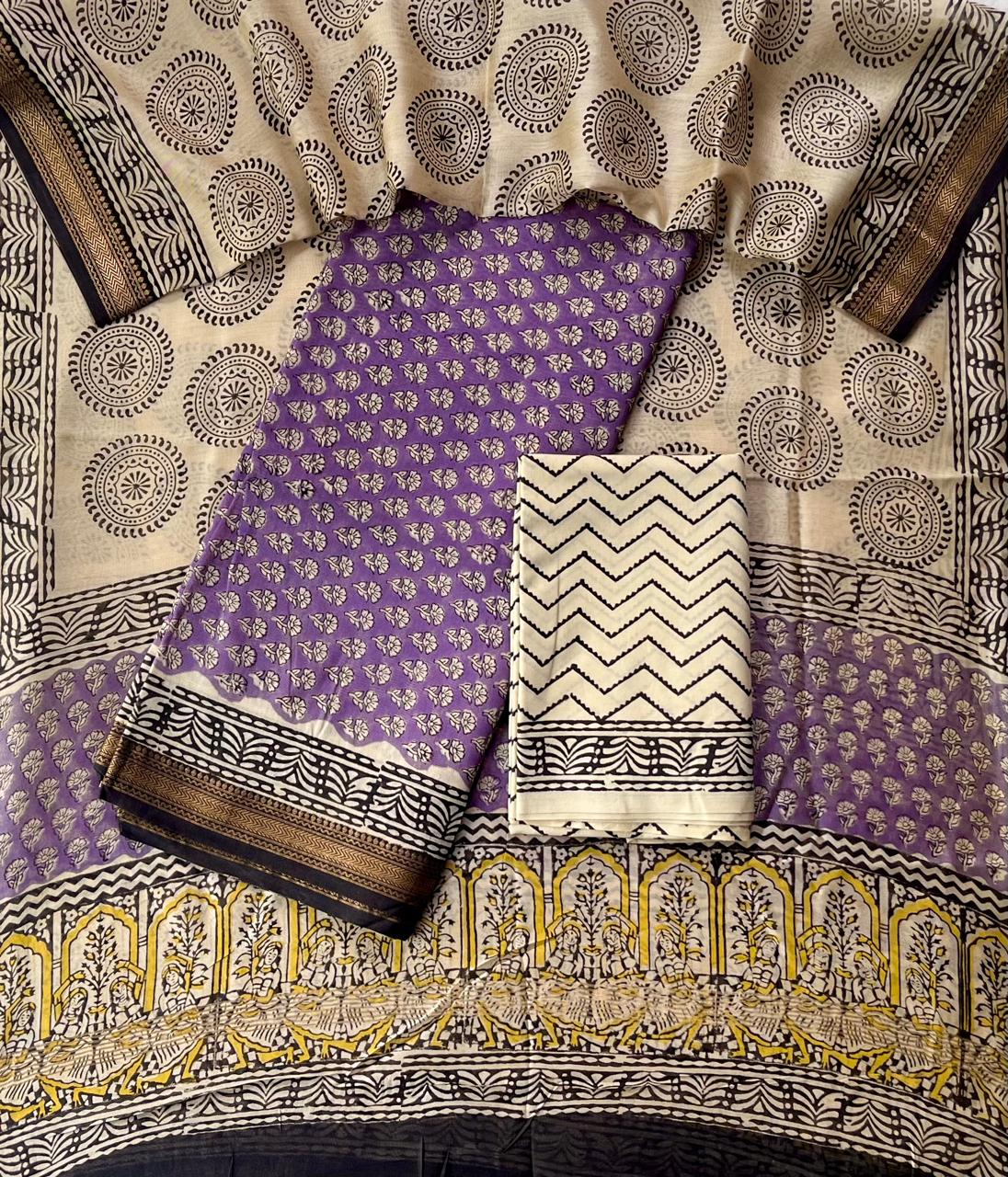 Premium Designer Handblock Printed Maheshwari Silk Suit Set