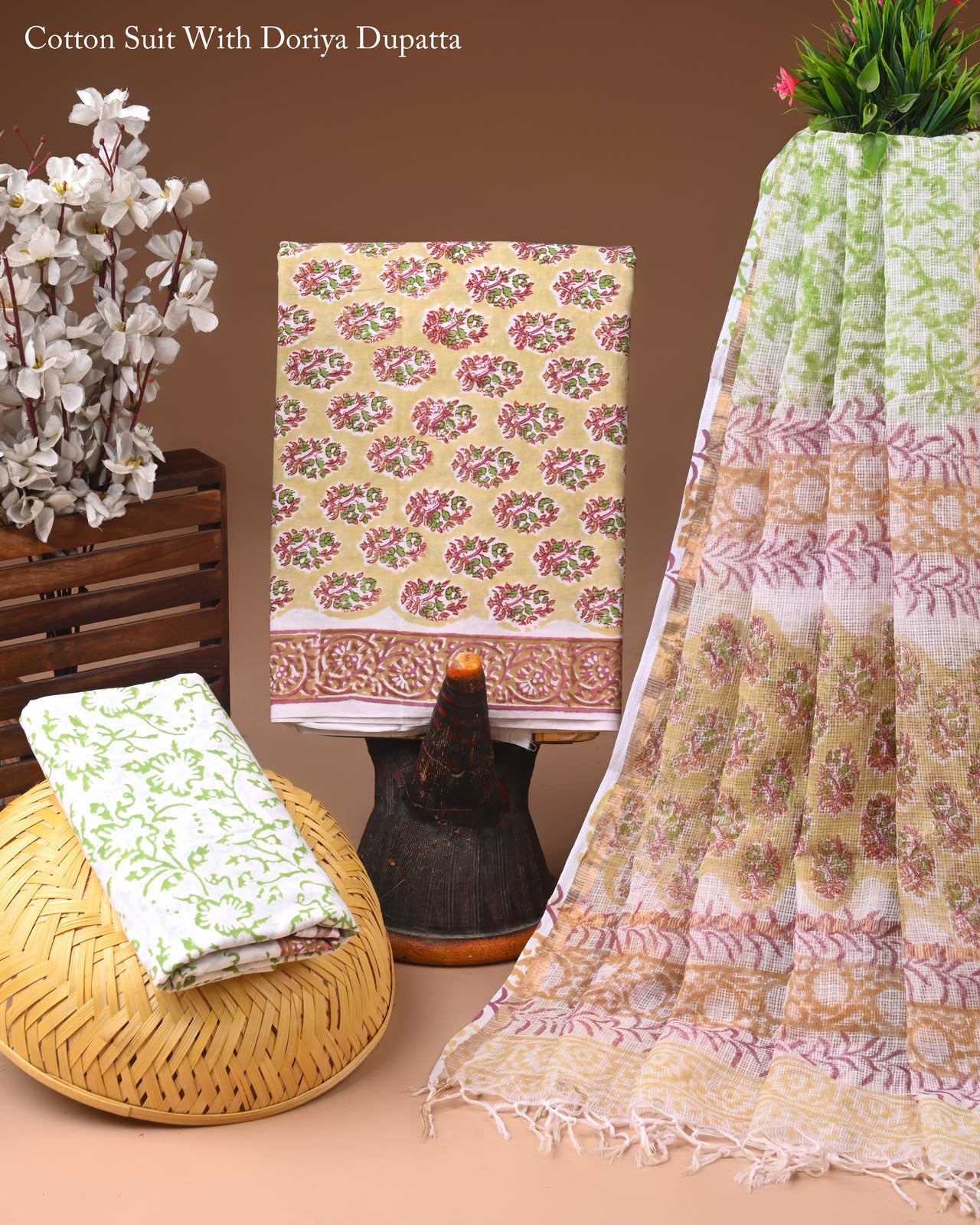 Pure Cotton Hand Block Printed Suit Set With Kota Doria Dupatta
