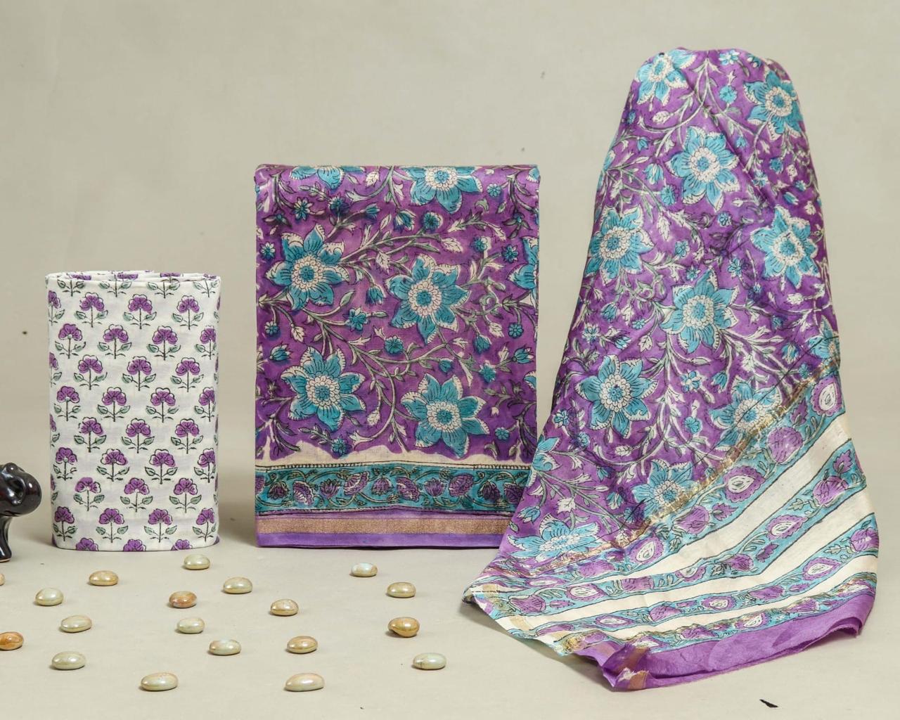 Designer Handblock Printed Chanderi Silk Suit Set