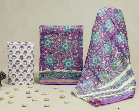 Designer Handblock Printed Chanderi Silk Suit Set