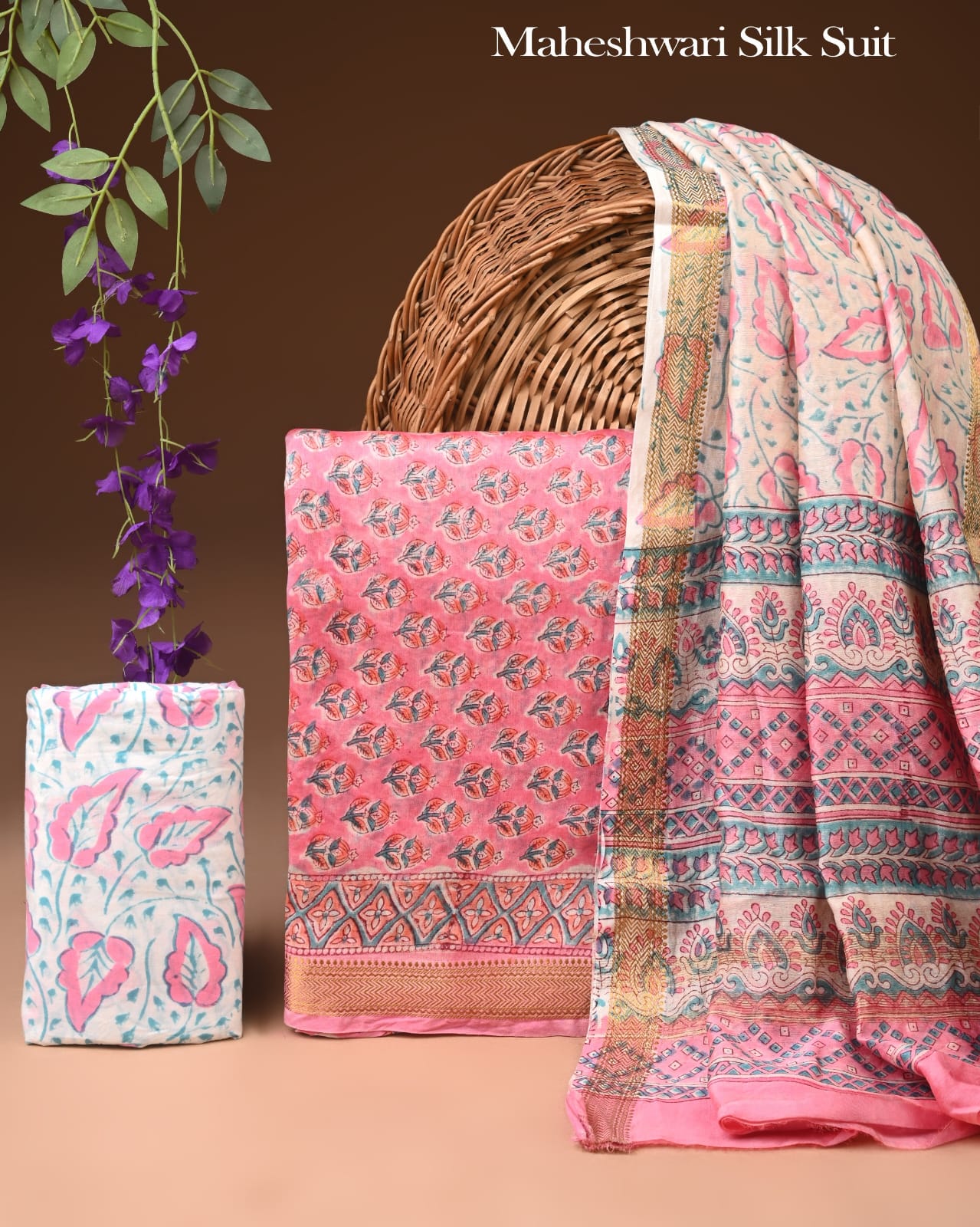Premium Designer Handblock Printed Maheshwari Silk Suit Set