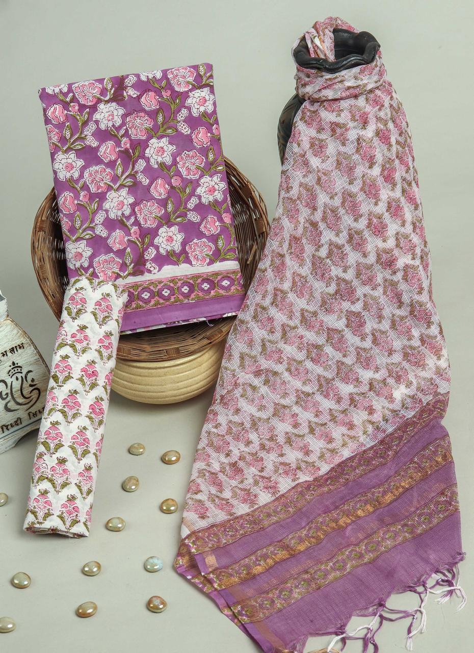 Pure Cotton Hand Block Printed Suit Set With Kota Doria Dupatta