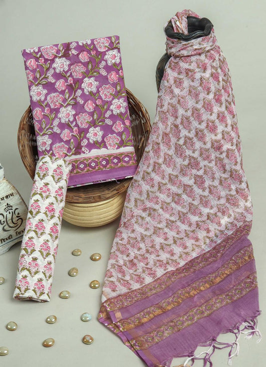 Pure Cotton Hand Block Printed Suit Set With Kota Doria Dupatta