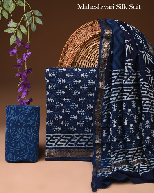 Premium Designer Handblock Printed Maheshwari Silk Suit Set