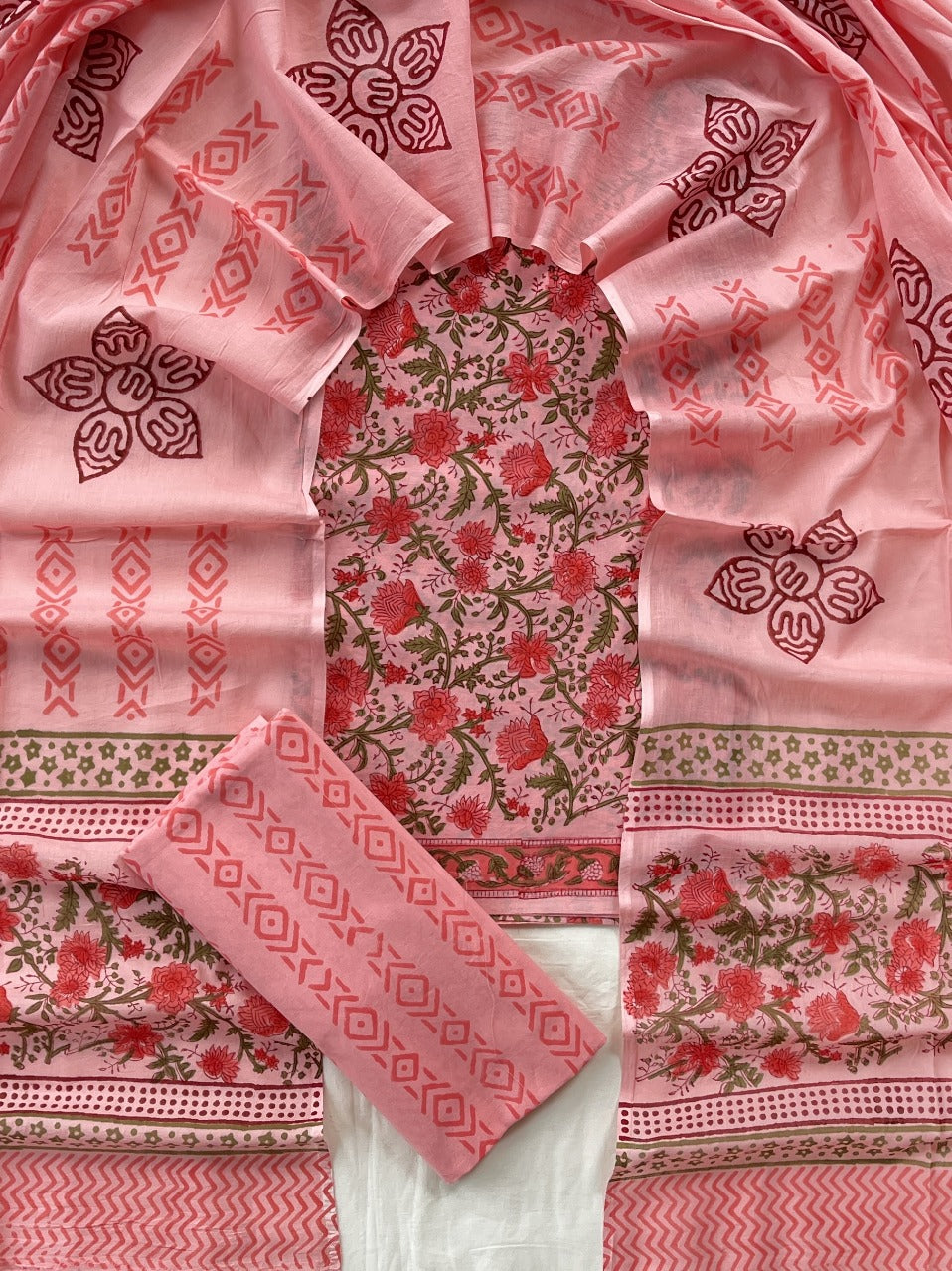 Pure Soft Cotton Hand Block Printed Suit Set With Cotton Dupatta