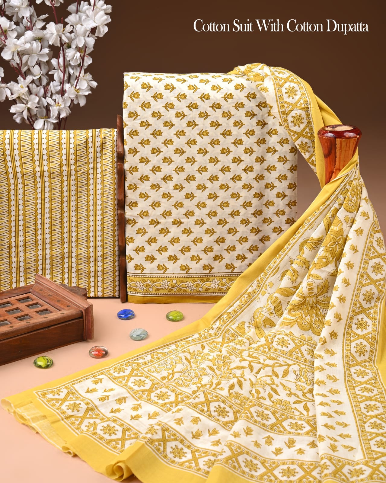 Designer Hand Block Printed Cotton Suit Set With Cotton Dupatta