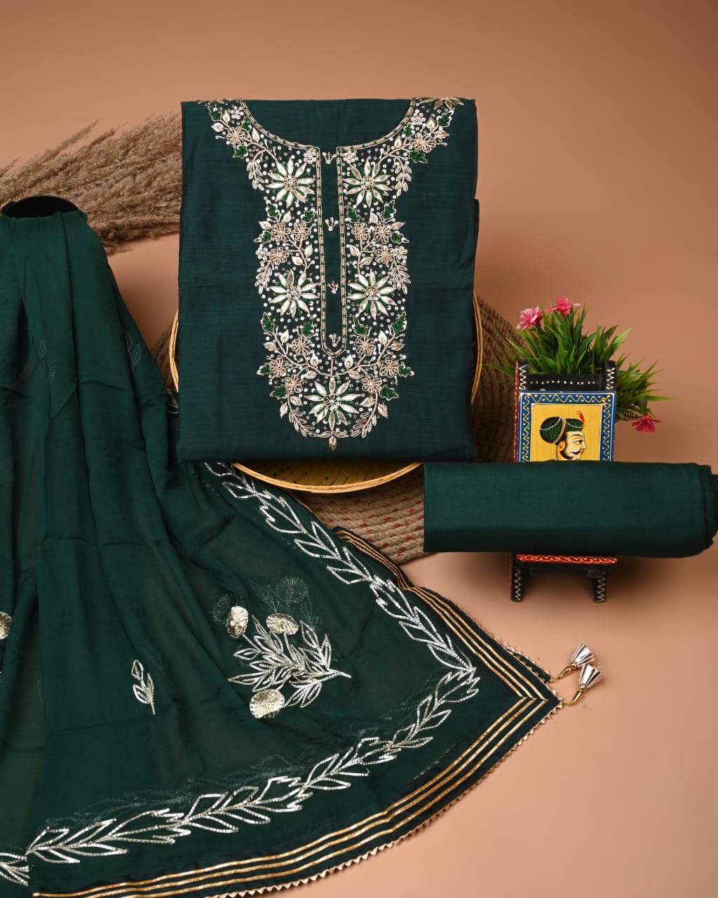 Premium Heavy Neck Work Dola Silk Suit Set