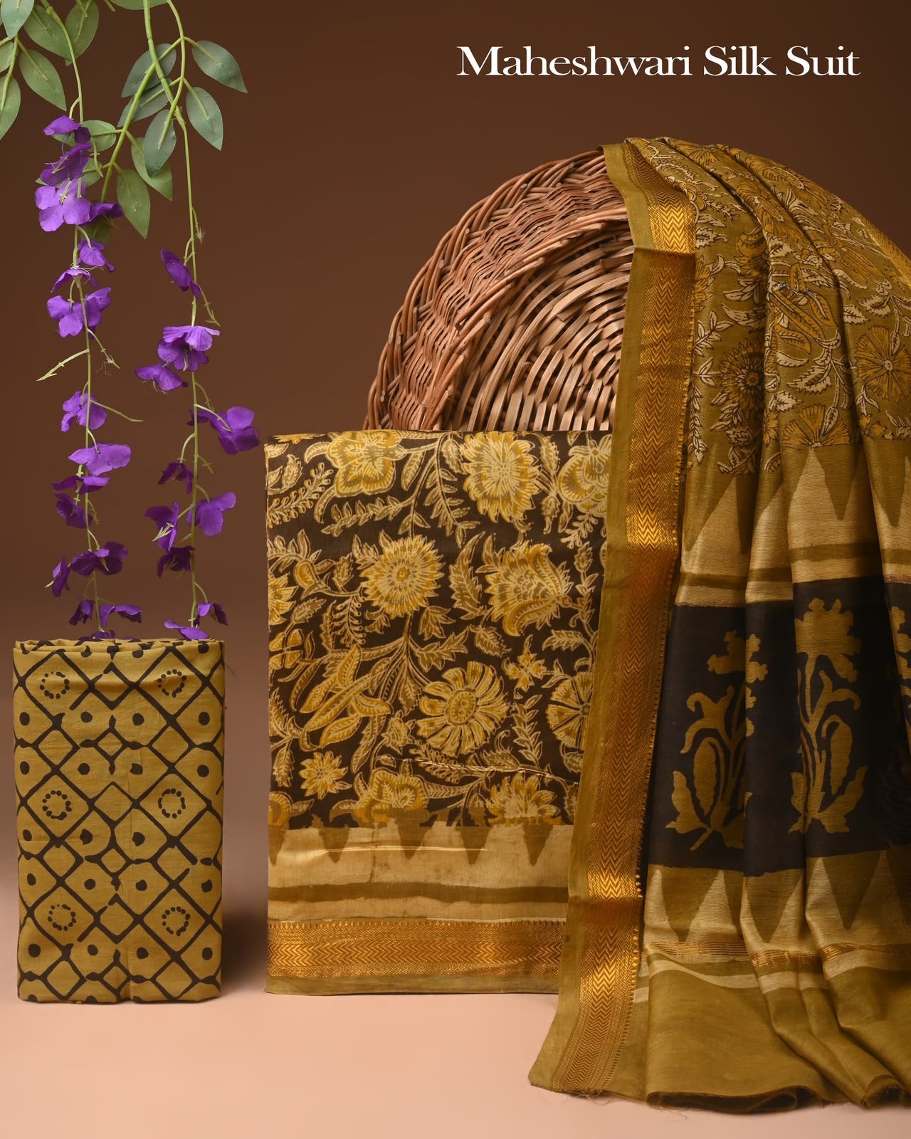 Premium Designer Handblock Printed Maheshwari Silk Suit Set