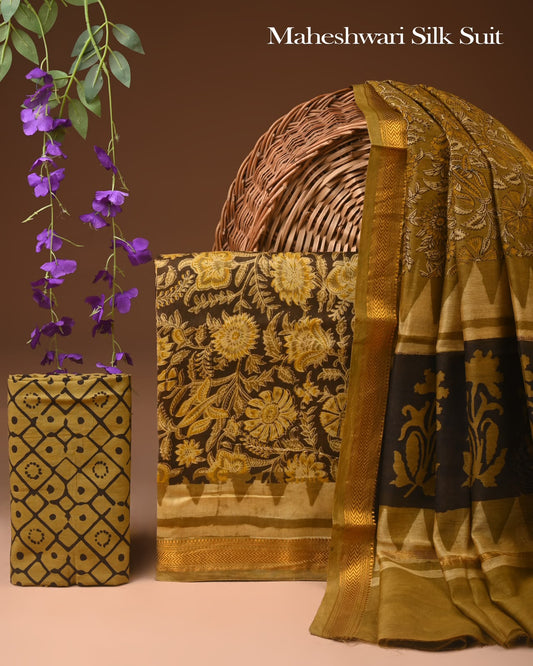 Premium Designer Handblock Printed Maheshwari Silk Suit Set