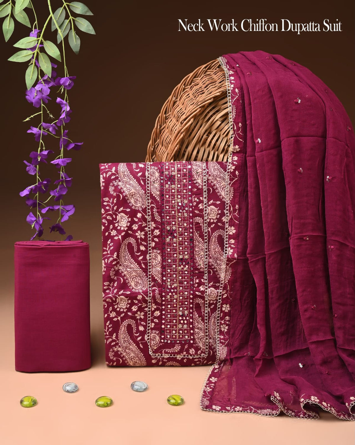 Premium Gota Patti Work Cotton Suit Set With Chiffon Dupatta
