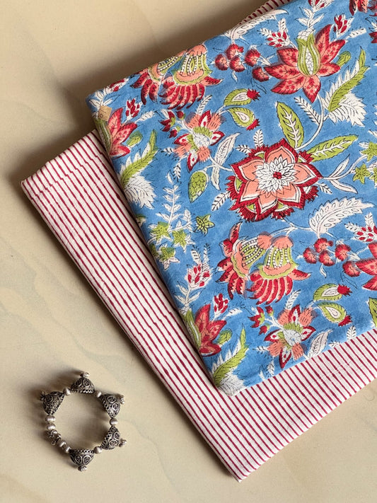 Pure Soft Cotton Handblock Printed 2PC Top-Bottom Suit Set (2.50 Meter Each)