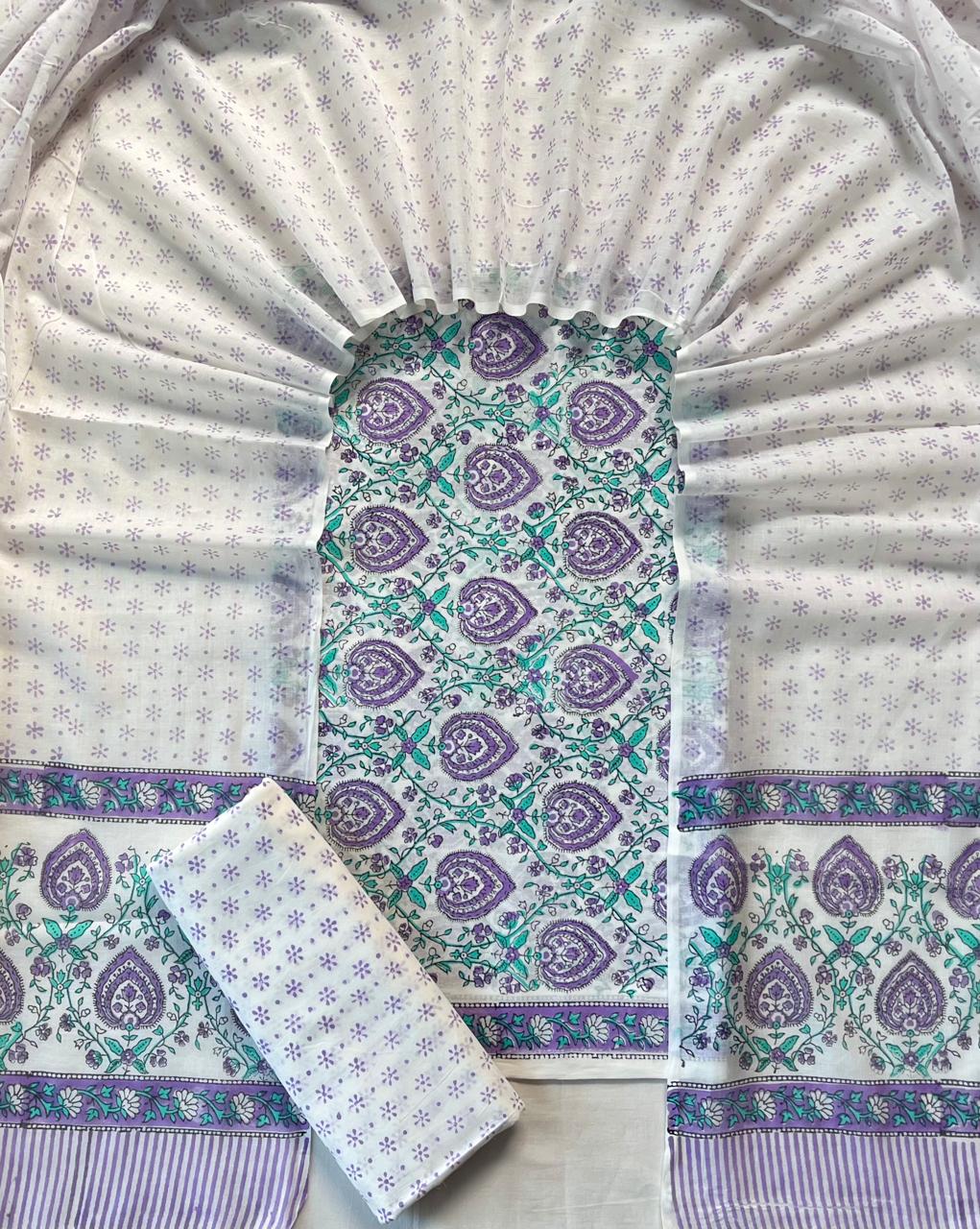 Pure Soft Cotton Hand Block Printed Suit Set With Cotton Dupatta