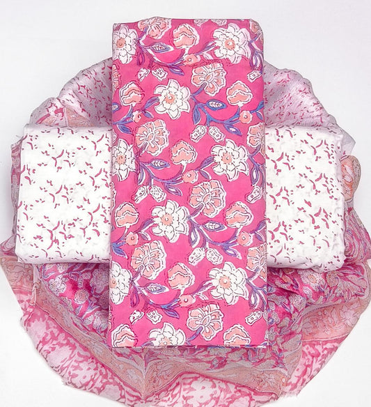 Pure Cotton Hand Block Printed Suit Set With Chiffon Dupatta