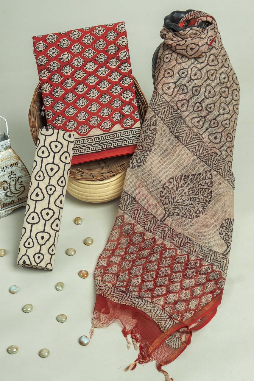 Pure Cotton Hand Block Printed Suit Set With Kota Doria Dupatta