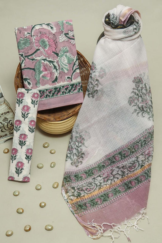 Pure Cotton Hand Block Printed Suit Set With Kota Doria Dupatta
