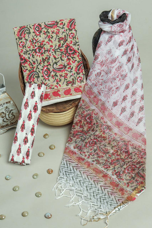 Pure Cotton Hand Block Printed Suit Set With Kota Doria Dupatta