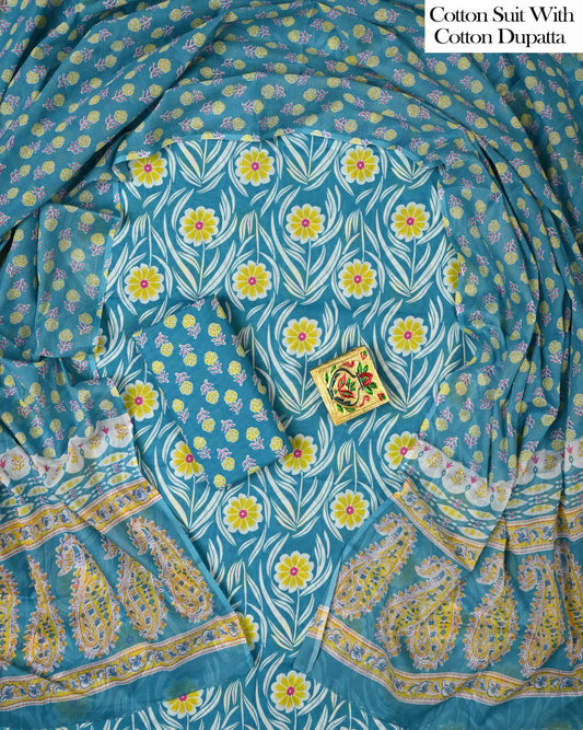 Designer Hand Block Printed Cotton Suit Set With Cotton Dupatta