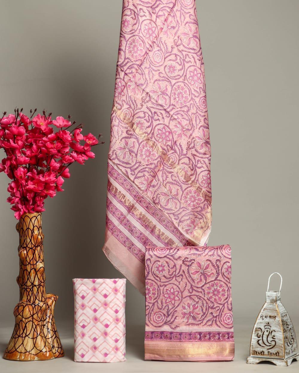 Designer Handblock Printed Maheshwari Silk Suit Set