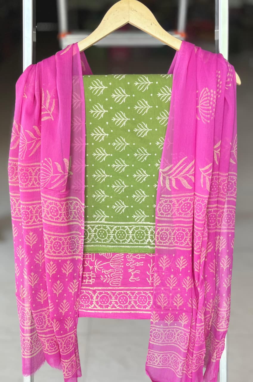 Pure Cotton Hand Block Printed Suit Set With Chiffon Dupatta