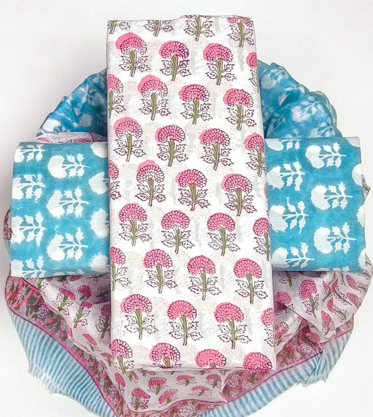 Pure Cotton Hand Block Printed Suit Set With Chiffon Dupatta