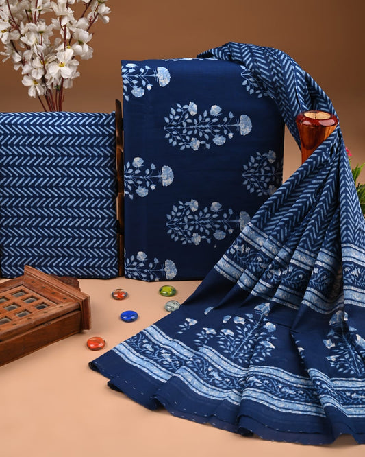 Designer Hand Block Printed Cotton Suit Set With Cotton Dupatta