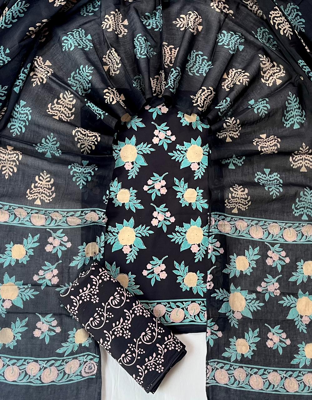 Pure Soft Cotton Hand Block Printed Suit Set With Cotton Dupatta