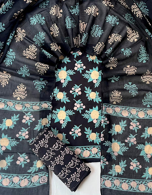Pure Soft Cotton Hand Block Printed Suit Set With Cotton Dupatta