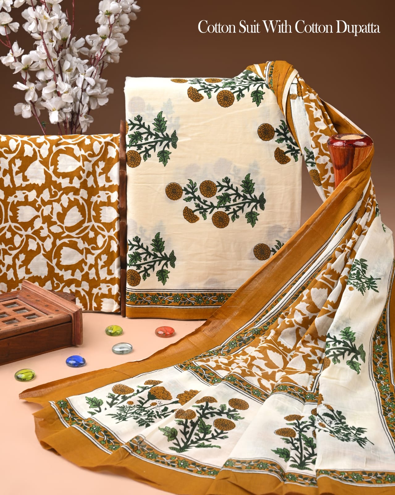 Pure Soft Cotton Hand Block Printed Suit Set With Cotton Dupatta