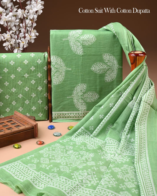 Designer Hand Block Printed Cotton Suit Set With Cotton Dupatta