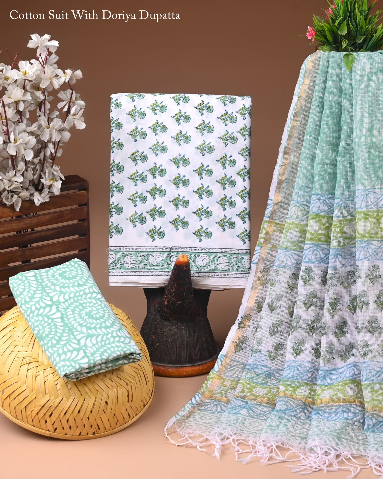Pure Cotton Hand Block Printed Suit Set With Kota Doria Dupatta
