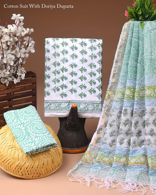 Pure Cotton Hand Block Printed Suit Set With Kota Doria Dupatta