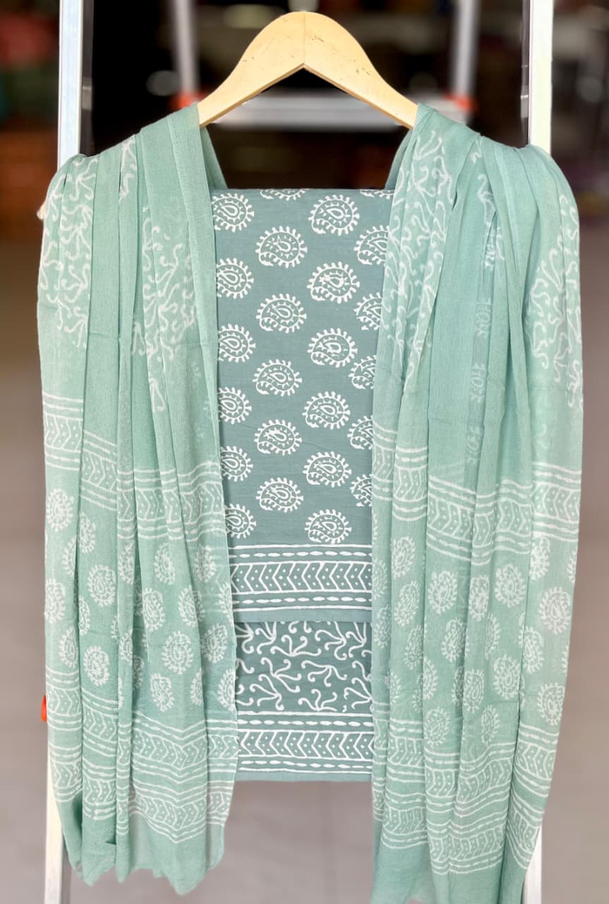Pure Cotton Hand Block Printed Suit Set With Chiffon Dupatta