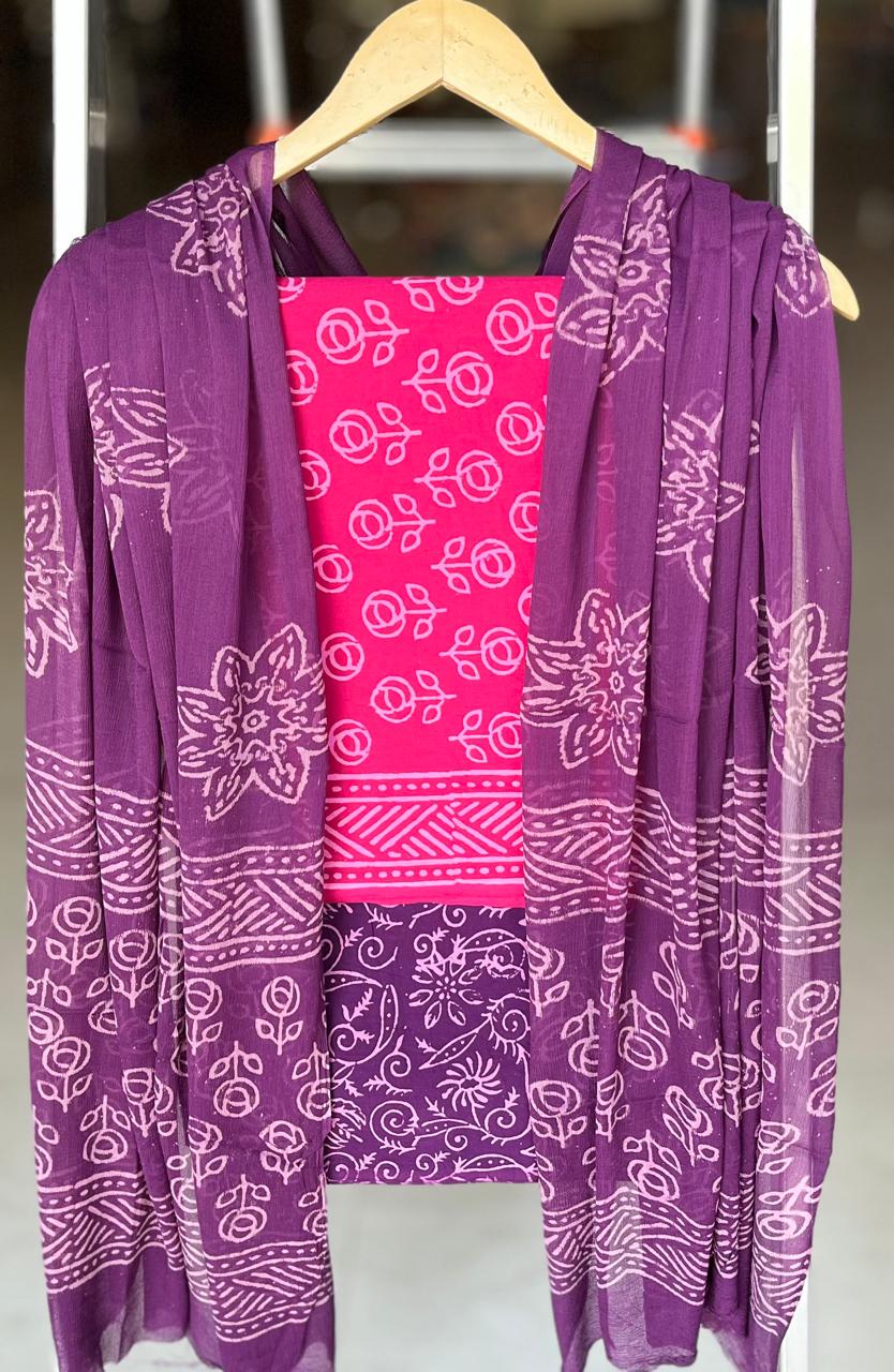 Pure Cotton Hand Block Printed Suit Set With Chiffon Dupatta
