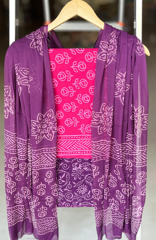 Pure Cotton Hand Block Printed Suit Set With Chiffon Dupatta