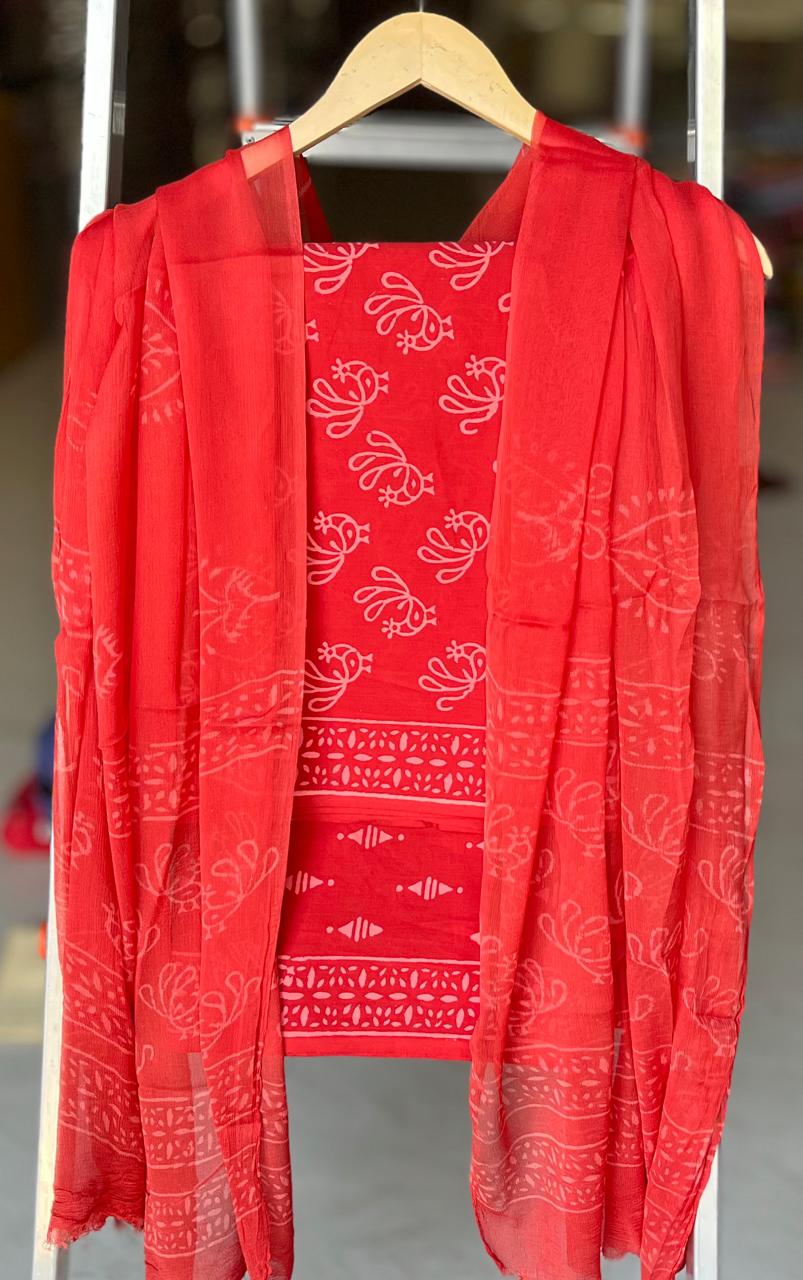 Pure Cotton Hand Block Printed Suit Set With Chiffon Dupatta
