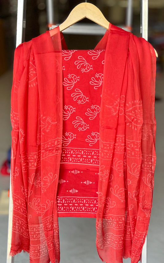 Pure Cotton Hand Block Printed Suit Set With Chiffon Dupatta
