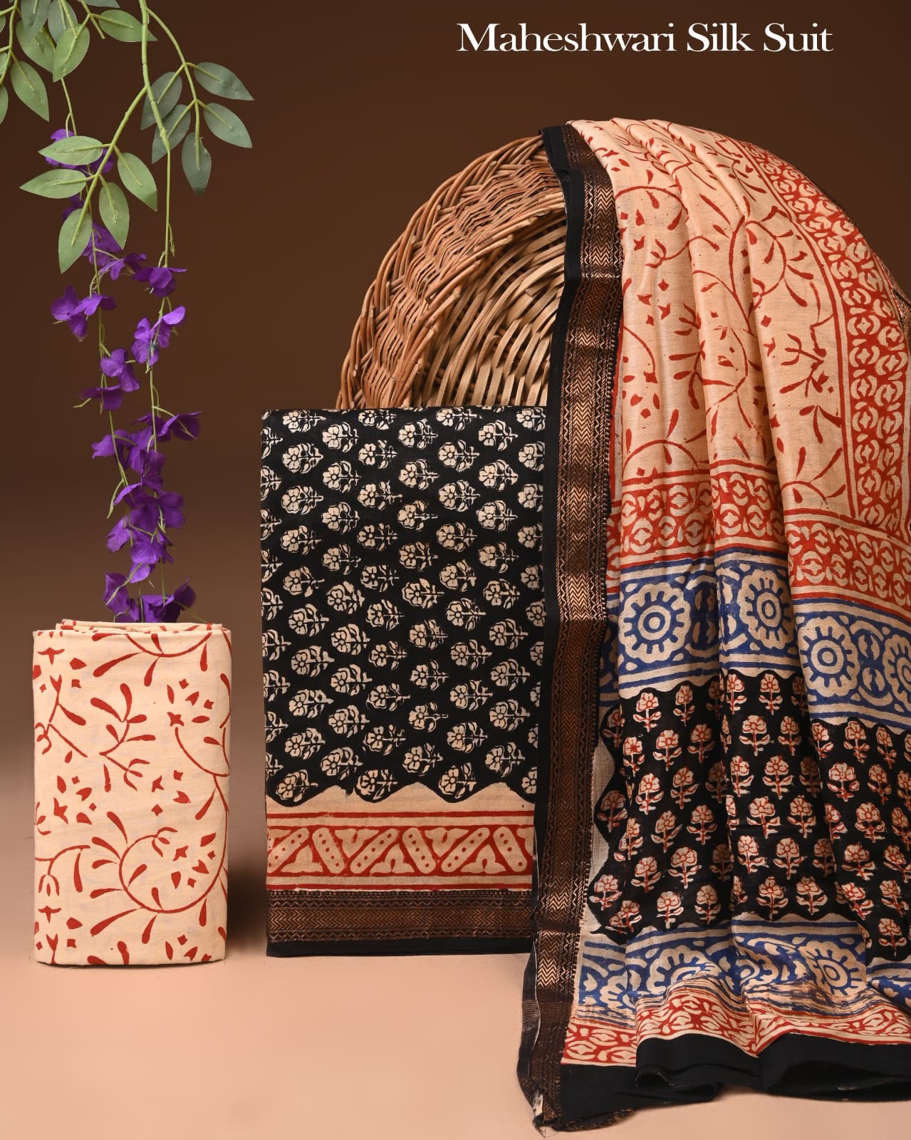 Premium Designer Handblock Printed Maheshwari Silk Suit Set