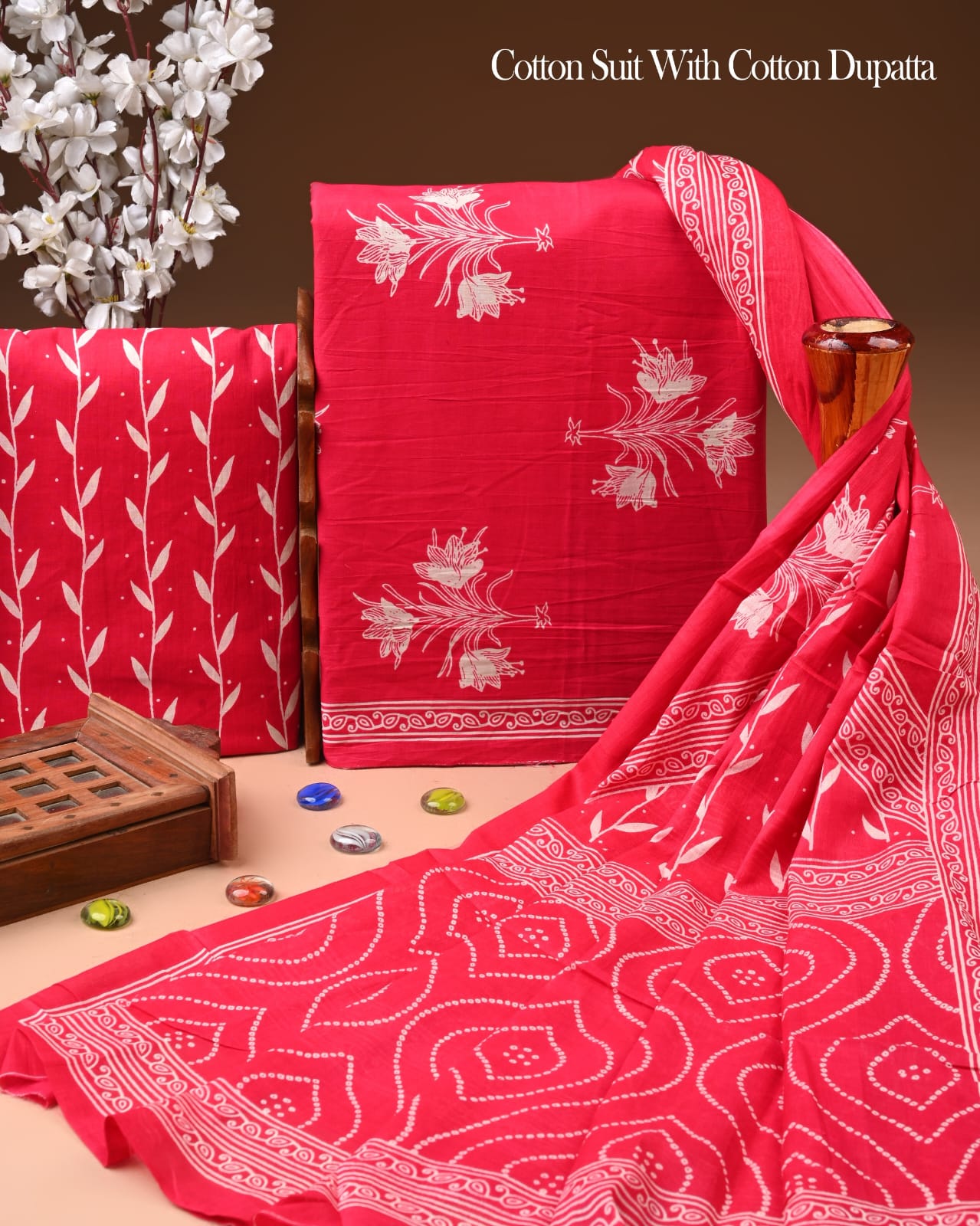 Designer Hand Block Printed Cotton Suit Set With Cotton Dupatta